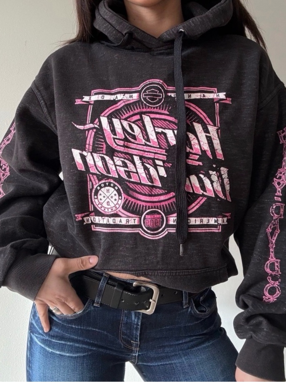 Y2K Harley Davidson Pink Graphic Hoodie Charcoal Grey Biker Sweatshirt